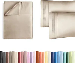 Twin Size Flat Bed Sheet + 2 Pillowcases Bundle - Hotel Luxury Single Flat Bottom Sheet Only - Fits Mattresses with Deep Pockets between 8 to 16 inches - Ultra Soft, Breathable & Wrinkle Free - Cream