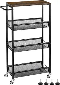 MOOACE Slim Storage Cart, 4 Tier Rolling Kitchen Shelving Unit on Wheels Mobile Narrow Cart with Wooden Tabletop for Bathroom, Laundry Narrow Places, 16.6''x 7.3''x 31.1''inch