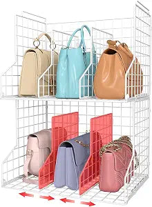Sonyabecca Purse Organizer for Closet:Adjustable 2-Pack Dividers Purse Organizer-Stackable Wire Handbags Storage Baskets-Open Cabinets Wallets Tote Chain Bags Clutches-White