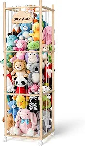 Stuffed Animal Storage, Wooden Plush Toy Organizer with Wheels