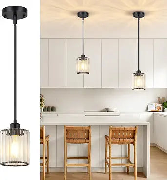 2 Pack Black Pendant Lighting, Adjustable Kitchen Pendant Lighting Over Island with Crystal Shade, Modern 1-Light Mini Hanging Ceiling Light Fixtures for Hallway Bathroom Foyer