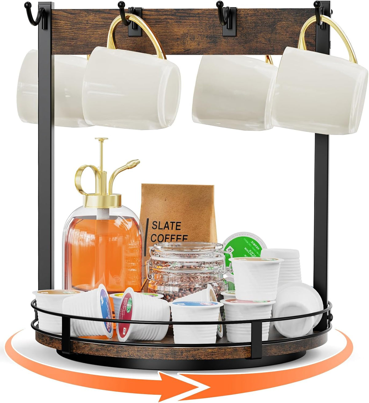 Large Corner Coffee Mug Holder with 13" Rotating Lazy Susan, Mug Organizer