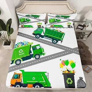 Erosebridal Garbage Truck Fitted Sheet Twin Size, 2 Piece