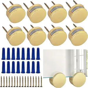 Frameless Mirror Mounting Hardware Kit Zinc Alloy Mirror Holder Clips Round Shape Dual-Screw Fixing Mirror Glass Hanging Bracket with Screws and Anchors Fit for 3-5mm Thickness (Golden, Set of 8 )