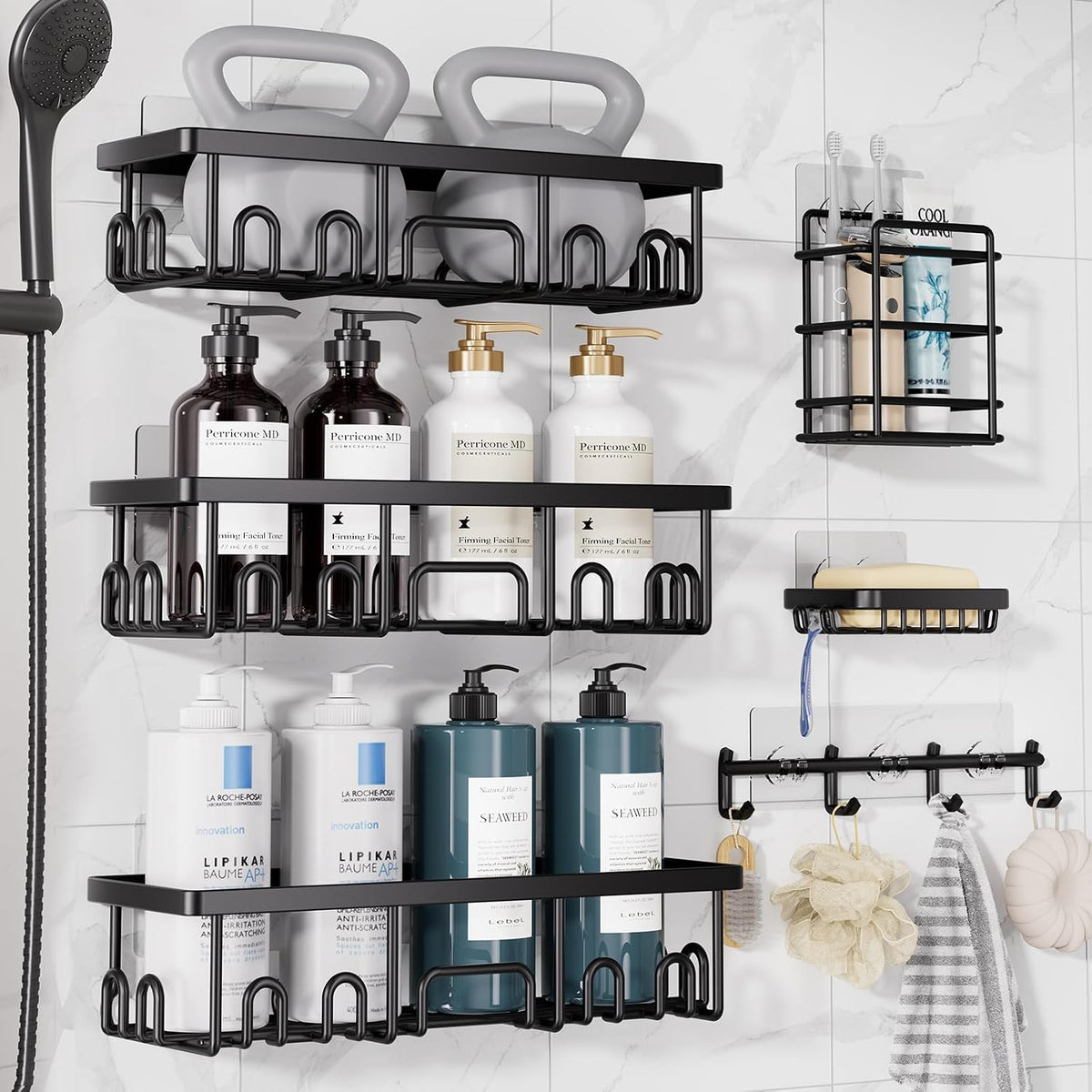 Veken Shower Caddy 6-Pack with Hooks, Bathroom Organizers & Storage, Black