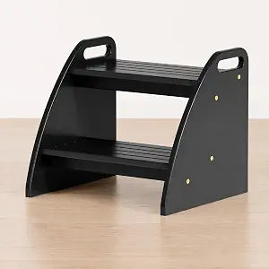 Bamboo 2 Step Stool 300lbs Capacity, Wooden Two Step Stool with Non-Slip Handles, Heavy Duty Stepping Stool for Bedside High Beds Adults, Sturdy Small Bathroom Kitchen Black Step Stool