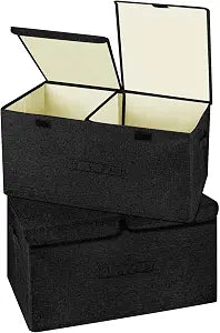 2 Pack Large Linen Fabric Collapsible Storage Bins with Lid and Handles, Washable Storage Box Baskets Cube with Removable Divider for Bedroom,Closet,Office,Living Room,Nursery (Black, Large)