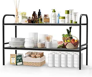 Expandable 2-Tier Under Sink Organizer, 8 Removable Plastic Boards, Tool-Free Installation (Black, 2-Tier 8 Boards)