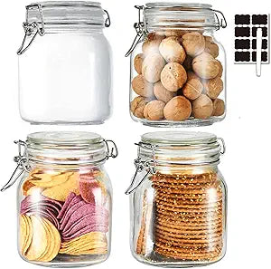 32oz Glass Food Storage Jars with Airtight Clamp Lids,Set of 4 Airtight Glass Canister Square- Clear Storage Container for Kitchen Container Storing Sugar, Flour, Cereal,Coffee,Spice