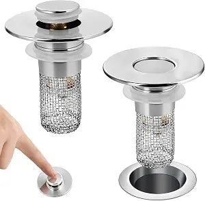 2 Pack Pop Up Bathroom Sink Drain Stopper with Hair Catcher Filter Basket, Universal Replacement Drain Plug for 1.1"-2.36" Bathroom Basin Drain Holes