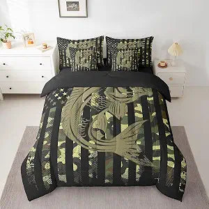 Feelyou Camo American Flag Comforter Set with Sheets Pike Bass Fish Fishing Twin Size 7 Piece Bedding Set for Kids Boys Girls Retro Army Green Camouflage Bed in a Bag Soft Microfiber