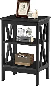 VECELO End Table, Bedside Table, 24" Tall Living Room End Tables, X-Design Reinforced Nightstands, Side Table with 3-Tier Storage Shelves for Small Spaces, Office, Bathroom, Bedroom, Black