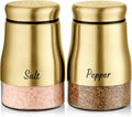 Gold Salt and Pepper Shakers Set, Bivvclaz 5 Ounce Salt and Pepper Dispenser with Glass Bottom, Cute Salt and Pepper Shakers for Gold Kitchen Decor and Accessories