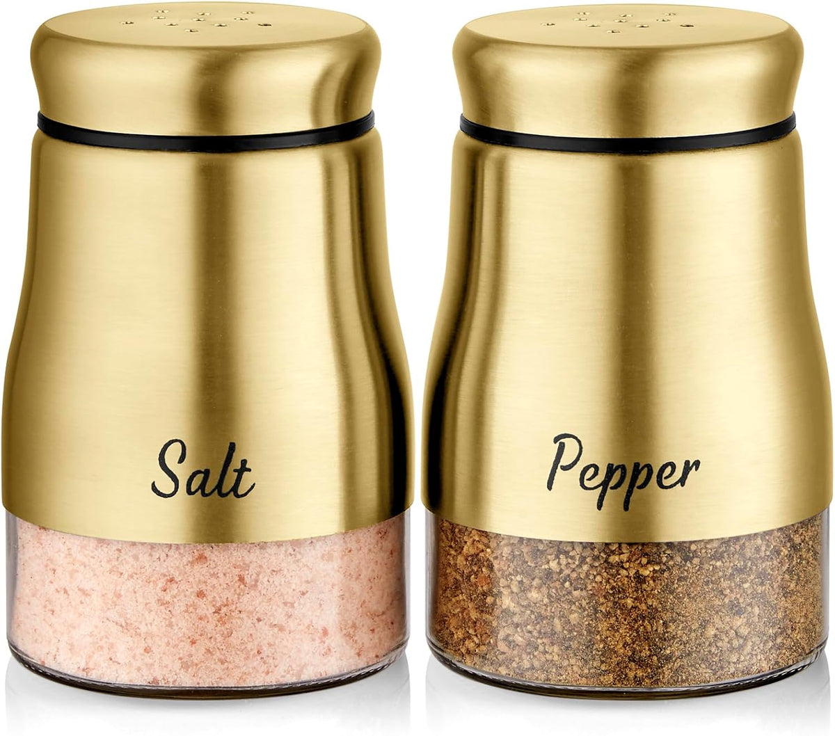 Gold Salt and Pepper Shakers Set, Bivvclaz 5 Ounce Salt and Pepper Dispenser with Glass Bottom, Cute Salt and Pepper Shakers for Gold Kitchen Decor and Accessories
