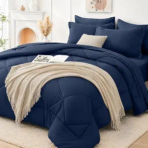 FUANNA Queen Comforter Set with Sheets 7 PCS, Soft Bed in a Bag, Navy Blue