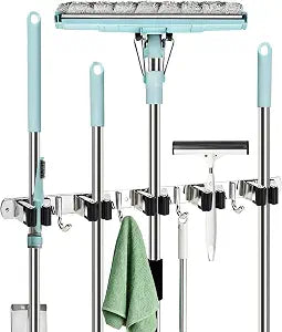 Mop and Broom Hanger Wall Mounted, 5 Racks and 4 Hooks, Storage Organiser (1, Black, 5)