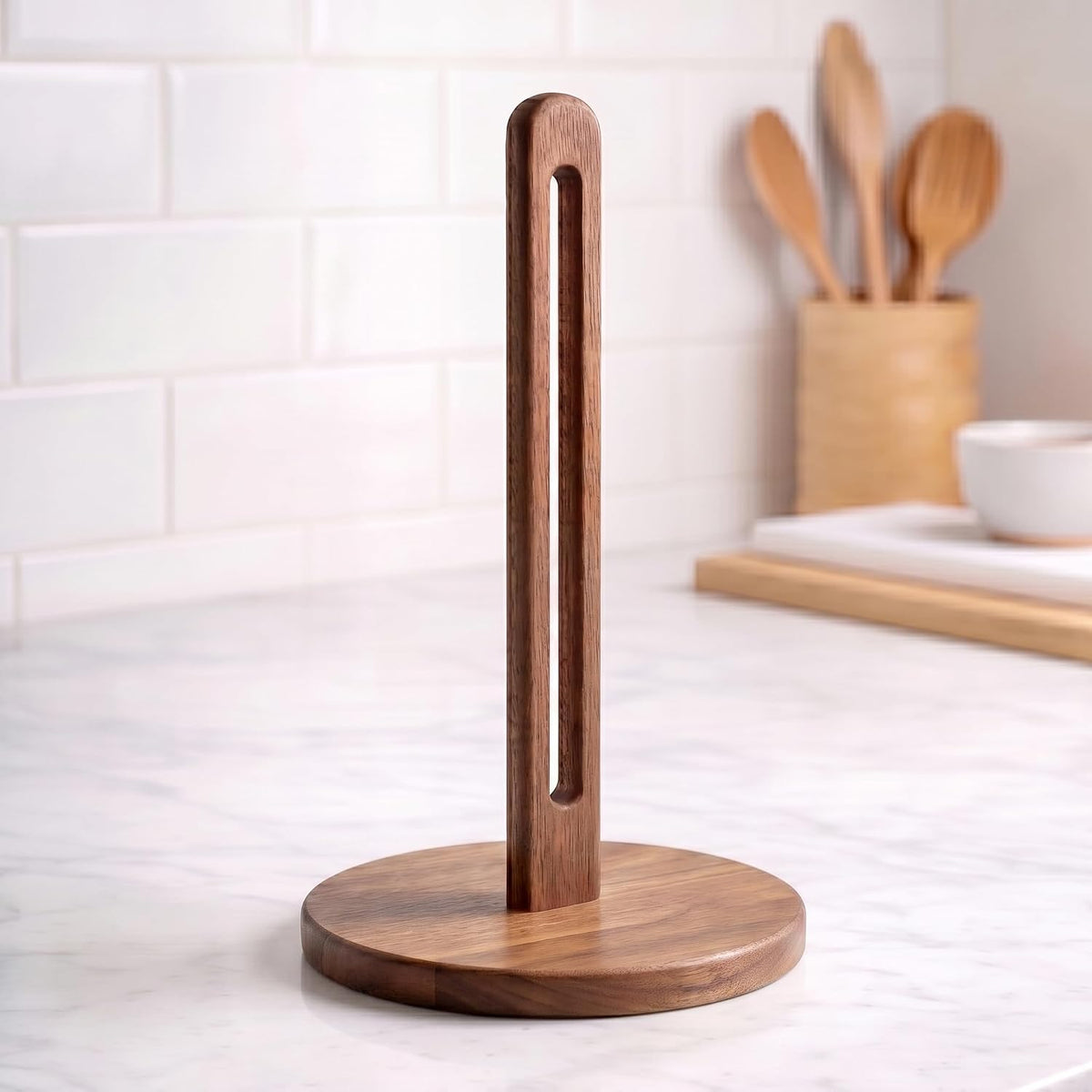 Acacia Wooden Paper Towel Holder Stand for Jumbo Roll - Stylish Kitchen Paper Rack Bathroom Towel Roll Stand Organizer, Dark Solid Wood Simply Standing Countertop Paper Roll Holder, Large