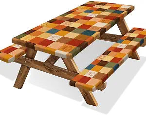 JAWO Fall Picnic Table Cover Set with Bench Covers Autumn Theme Harvest Pumpkin Plaid Fitted Tablecloth 6FT with Elastic Windproof and Waterproof Fabric, Camping Accessories Patio & Outdoor