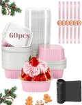 YQER 60 Pack 10oz Mini Cake Pans with Lids, Spoons, Stickers - Disposable Square Brownie Baking Cups - Individual Small Aluminum Foil Loaf Tins for Muffin, Ramekins, Cupcake - Catering, Gift, Pink