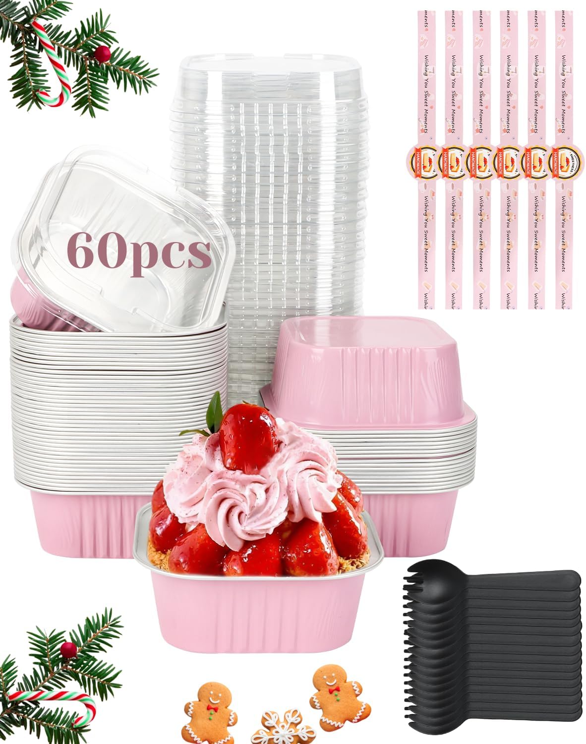 YQER 60 Pack 10oz Mini Cake Pans with Lids, Spoons, Stickers - Disposable Square Brownie Baking Cups - Individual Small Aluminum Foil Loaf Tins for Muffin, Ramekins, Cupcake - Catering, Gift, Pink
