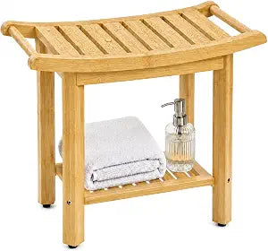 LGURT Bamboo Shower Bench, Rectangular Bathroom Stool, Non-Slip Wood Seat