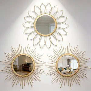 Boho Sunburst Wall Mirror Set of 3, 12 Inch Round Antique & Modern Metal Wall Art, Hanging Over The Door Mirrors for Wall Decor in Living Room, Bedroom, Bathroom, EntrywayGold