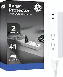 GE Surge Extension Cord, 2 Outlets, 245J, 2 USB-C, 12W, 16AWG, Braided Cord, Flat Plug, 4ft, White, 85780