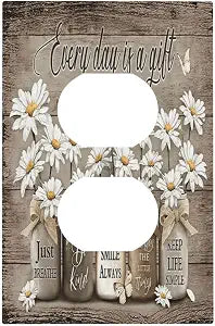Floral Daisy Rustic Vintage Flower Vase Wood Grain Outlet Covers 1 Gang Duplex Light Switch Cover Decorative Switch Plates Electrical Receptacle Faceplate Wall Plate for Farmhouse Home Decor