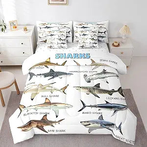 Erosebridal Shark 7 Pcs Bedding Sets Twin,Shark Animals Comforter Set,Ocean Sharks Bed in a Bag Modern Simple White Sheet Set with Comforter for Shark Lovers,Fishing and Hunting Theme Pillow Covers