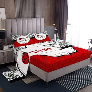 Castle Fairy Ladybug Bed Sheet Set Full,Red Black Polka Dota Farmhouse Flowers Print Bedding Sets for Bedroom Decor,Boys Girls Cartoon Ladybug Pattern Fitted Sheet + Flat Sheet + 2 Pillow Cases