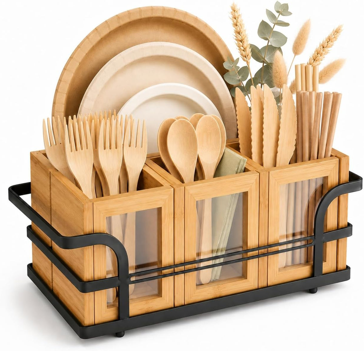 Bamboo Silverware Caddy with Paper Plate Holder, Utensil Organizer for Forks, Spoons, Knives & Napkins, Portable Party Caddy for Buffet, BBQ, Picnic and Outdoor Dining (Acrylic)