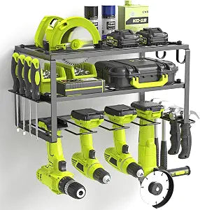 SUNALLY Power Tool Organizer, Heavy Duty Iron, 3 Layers Storage Rack with 4 Drill Holders, Floating Tool Shelf Wall Mounted, Matte Black, Work Shop, Garage, 150Lbs Load Capacity