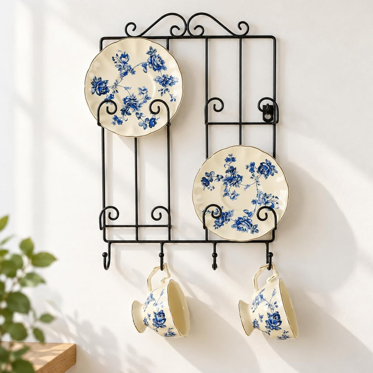 Yohsnor Metal Wall Mount Teacup and Saucer Display Rack,Holds 4 Sets(Black)