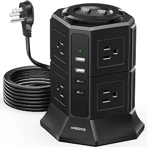 Surge Protector Power Strip Tower, Flat Plug Power Strip with 8 AC Outlets 4 USB Ports(20W PD Type C), 6.5 FT Ultra Flat Extension Cord, Charging Station with Surge Protection for Home, Office, Dorm