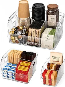 Set of 3 Adjustable Dividers Coffee Station Organizer, Clear Plastic