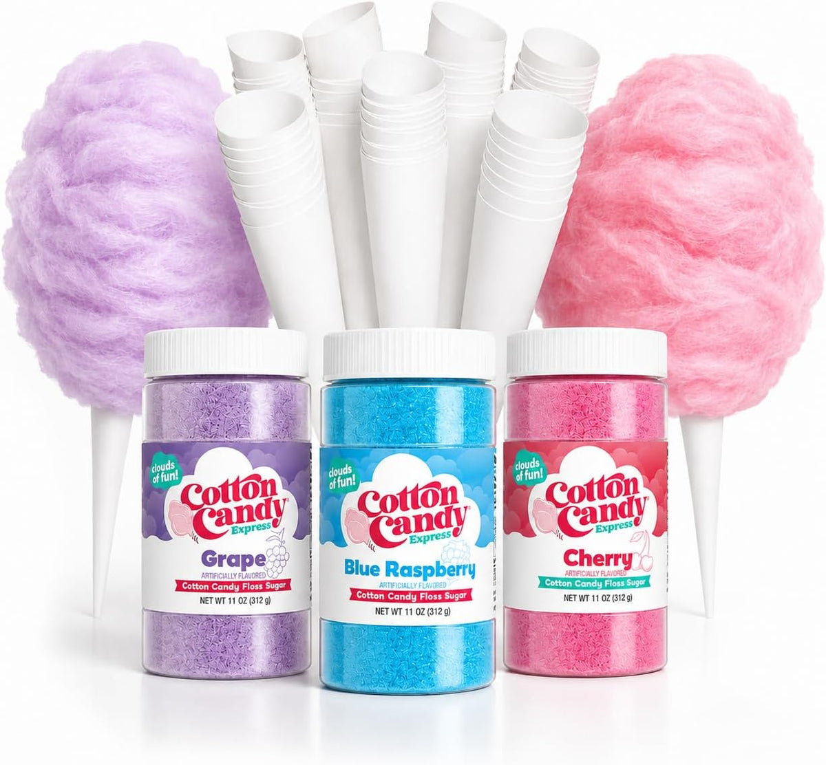 Cotton Candy Express Floss Sugar Variety Pack with 3 - 11oz Plastic Jars of Cherry, Blue Raspberry & Grape Flossing Sugars Plus 50 Paper Cotton Candy Cones