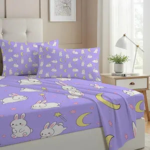Allenjoy Cute Anime Moon and Bunny Sheets Set with Fitted Sheet, Flat Sheet and 1 Pillowcase for Girls Teens Women Fans Daughter Bedding Bedroom Decor, Twin Size