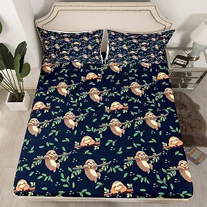 Cartoon Sloth Kids Fitted Sheet Twin Size 2 Pcs Cute Watercolor Wild Animals Bedding Set for Kids Boys Girls Teens Jungle Botanical Green Leaves Branches Bed Cover with 1 Pillowcase