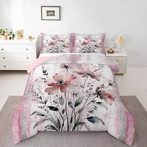 Ombre Pink Grey White King Bedding Set Ultra-Soft Abstract Comforter Sets | Rustic Farmhouse Comforter For Boys Girls Adult Watercolor Floral Quilt Duvet Country Wooden Theme Room Decor