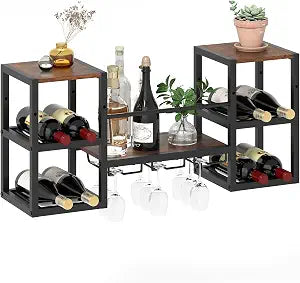 GIANTEX Wine Rack Wall Mounted, 3-Tier Metal Hanging Wine Rack with 3 Glass Holders, 8-Bottle Wine Display Storage Shelf, Heavy-Duty Wall Wine Floating Shelves for Kitchen Bar Dining Room
