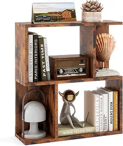 Giantex 3-Tier S-Shaped Bookshelf, Modern Geometric Bookcase, Freestanding Display Shelf for Small Space, Versatile Side Table, Wooden Storage Organizer for Home Office, Living Room (1,Rustic Brown)
