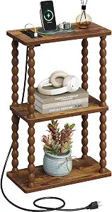 ELYKEN Narrow Side Table with Charging Station, 3-Tier Skinny Bedside Table