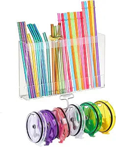 10''Acrylic Straw Holder for Cabinet Door with Tumbler Straw Organizer,Large Straw Storage with Washable Sticky Reusable Cup Lid Holder,Water Bottle Accessories Organizer for Kitchen(Clear)