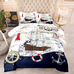 3D Nautical Ship Helm Coastal Sketch Twin Down Comforter Set 3PC All Ages