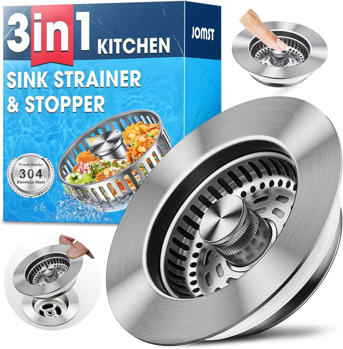 3-in-1 Stainless Steel Kitchen Sink Drain Strainer, JOMST Kitchen Gadget - Fast Drain, Water-Saving Stopper & Odor Blockerï¼Œ Fits Standard 3.5â€³ Sink Drains