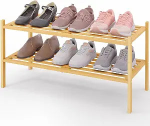 Smiry Bamboo Shoe Rack, 5 Horizontal Slats, 2 Tier - 26.8" Wide, Natural