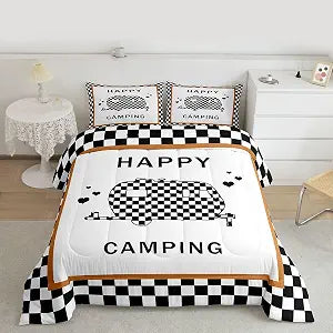 Boys Happy Camping Queen Size Comforter Set Kids Camper Decor All Season Bedding Set Girls Teens Rustic Farmhouse Comforter Camping Car Decor Geometric Quilt Set Bedroom Collection 3Pcs,White Black