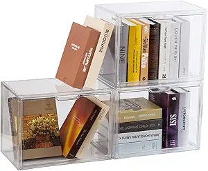 BOHOIDEE 3PACKS Clear Book Storage Organizer for Bookshelf, Plastic Stackable Book Display Case with Magnetic Door, Acrylic Showcase for Toys Handbags, Shoes, Purses