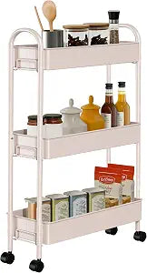 Slim Rolling Cart, Metal Frame Utility Rolling 3-Tier Narrow Storage Cart