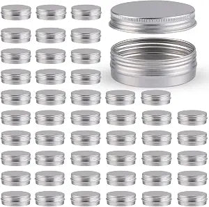 OBKJJ 48 Pcs Aluminum Round Cans with Lid, 2 Oz Metal Tins Food Candle Containers with Screw Tops for Crafts, Food Storage, DIY (Silver)